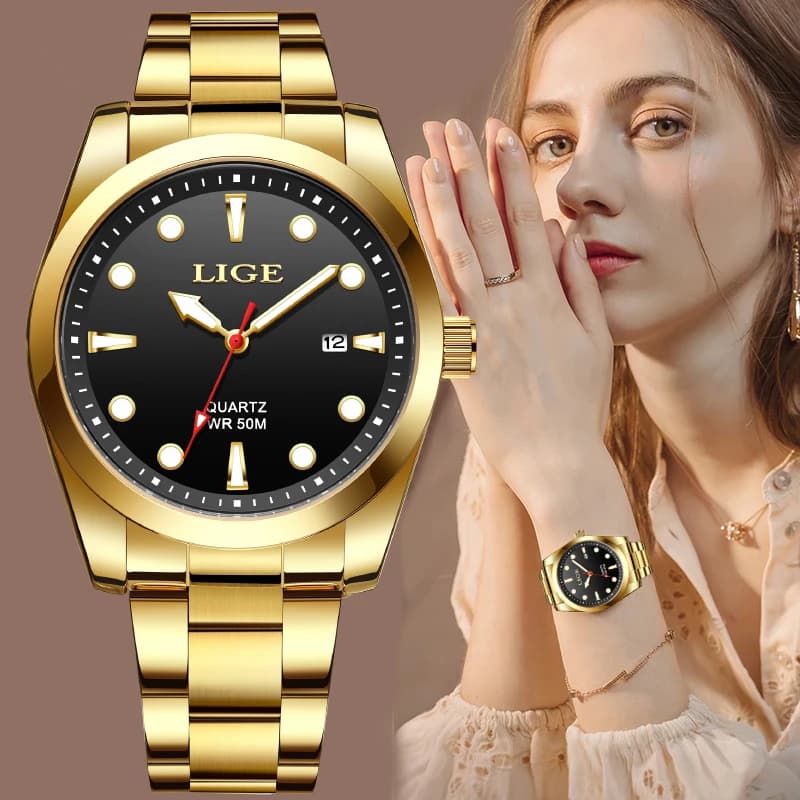 ساعات نسائية ذهبية من LIGE موضة ستانلس ستيل مقاومة للماء ساعة كوارتز نسائية رياضية كاجوال مضيئة Reloj Mujer
