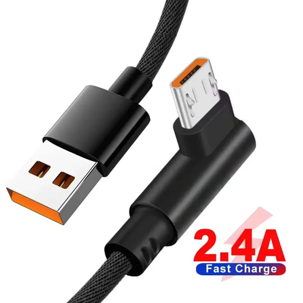 كابل بيانات وشحن سريع مايكرو USB بزاوية 90 درجة 2.4 أمبير V8 لهواتف سامسونج وشاومي وأندرويد بطول 1 متر/2 متر/3 متر