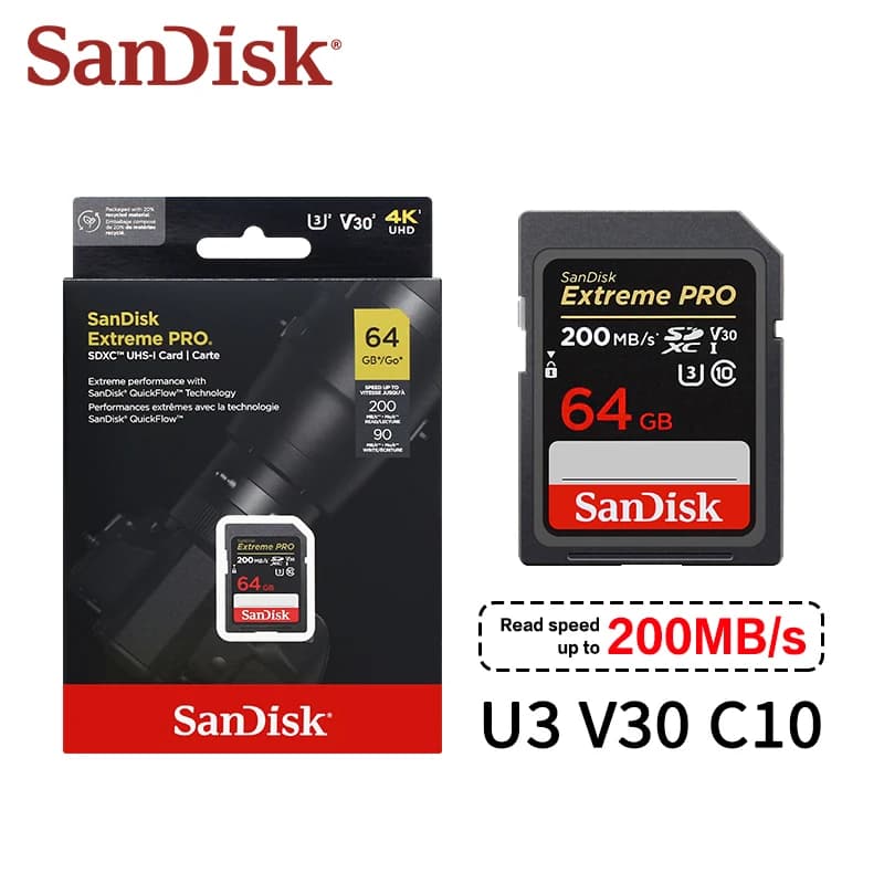 بطاقة ذاكرة SanDisk Extreme Pro V30 بسعات 32 جيجابايت و64 جيجابايت و128 جيجابايت و256 جيجابايت بسرعة قصوى 200 ميجابايت/ثانية من نوع SDXC UHS-I لكاميرات 4K UHD - 2