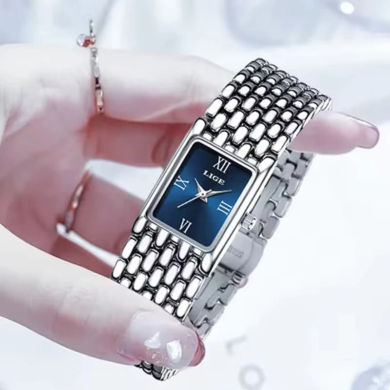 LIGE New Design Ladies Watch Fashion Quartz Wristwatch Silver Simple Square Women Watches Luxury Stainless Steel Folding Clock - 4