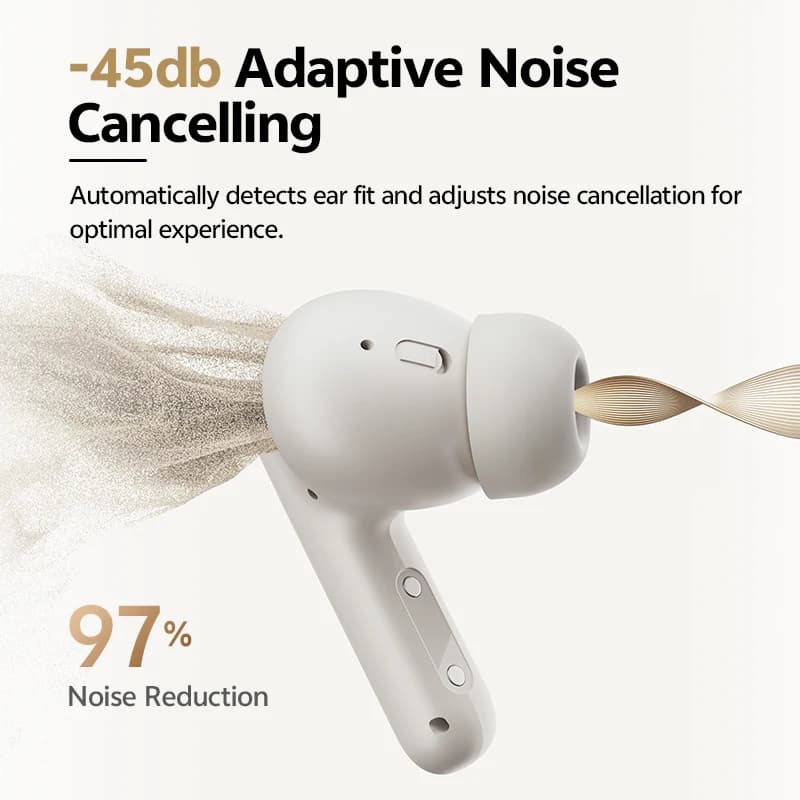 سماعات QCY Buds ANC -45dB لعزل الضوضاء التكيفي، بلوتوث 5.4 لاسلكية، 6 ميكروفونات لمكالمات واضحة، مشغل ديناميكي 10 مم، عمر بطارية 25 ساعة - 2