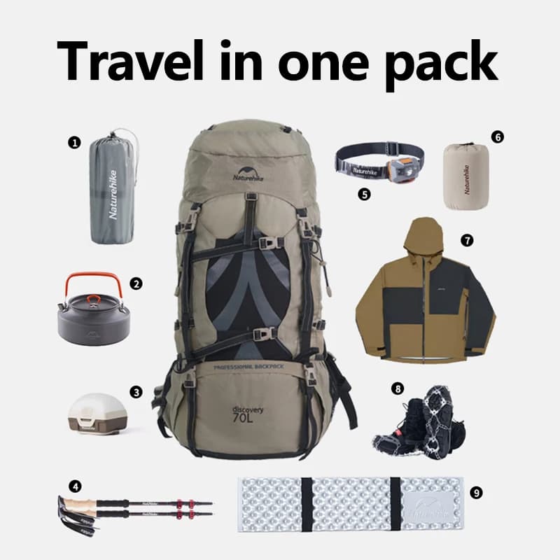 حقيبة ظهر تخييم من Naturehike سعة 70 لتر مناسبة للمشي لمسافات طويلة مع غطاء مقاوم للمطر - 2