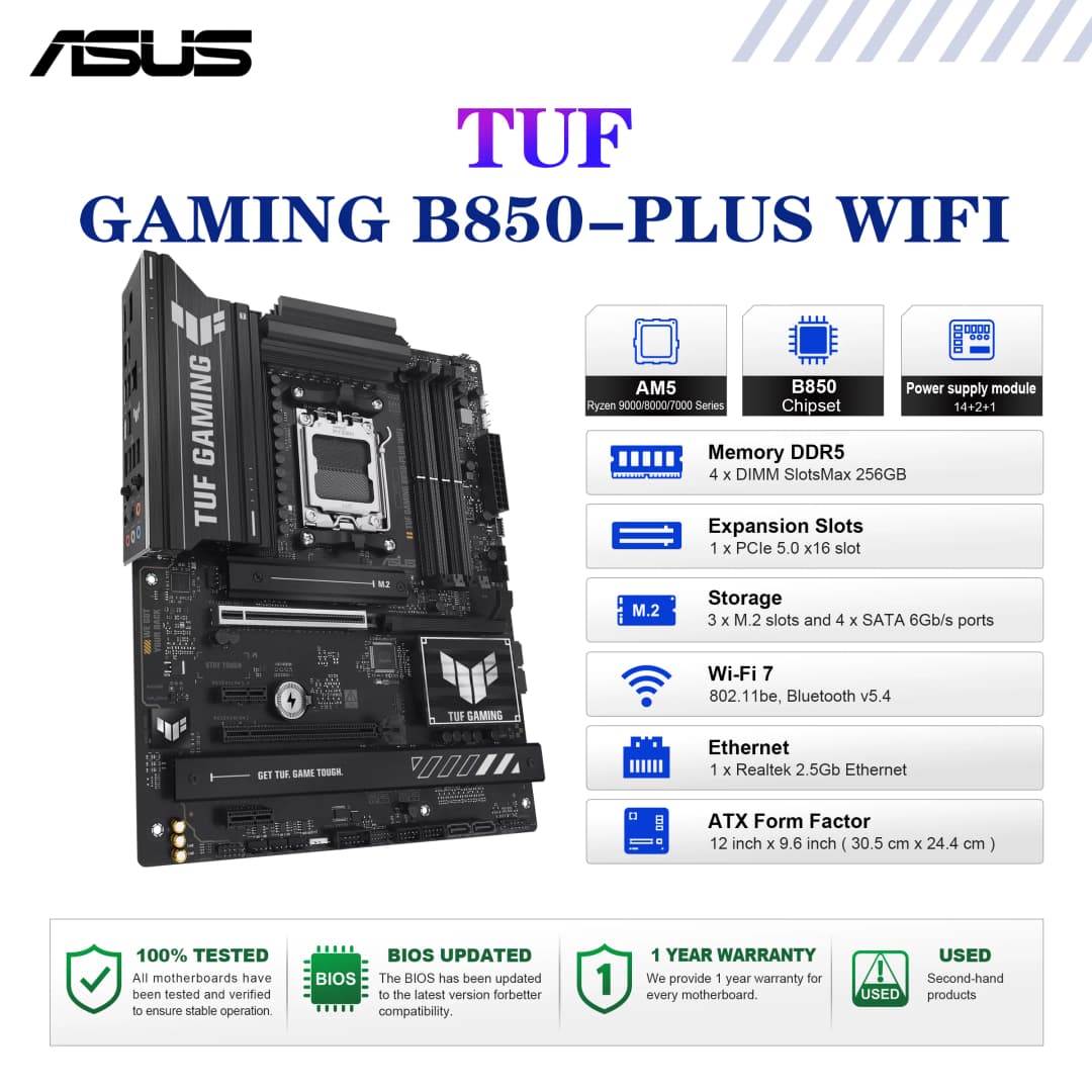 لوحة أم ASUS TUF GAMING B850-PLUS WIFI ATX بمقبس AM5 ومعالج DDR5 بسرعة 8000+MT/s (OC) وشريحة B850