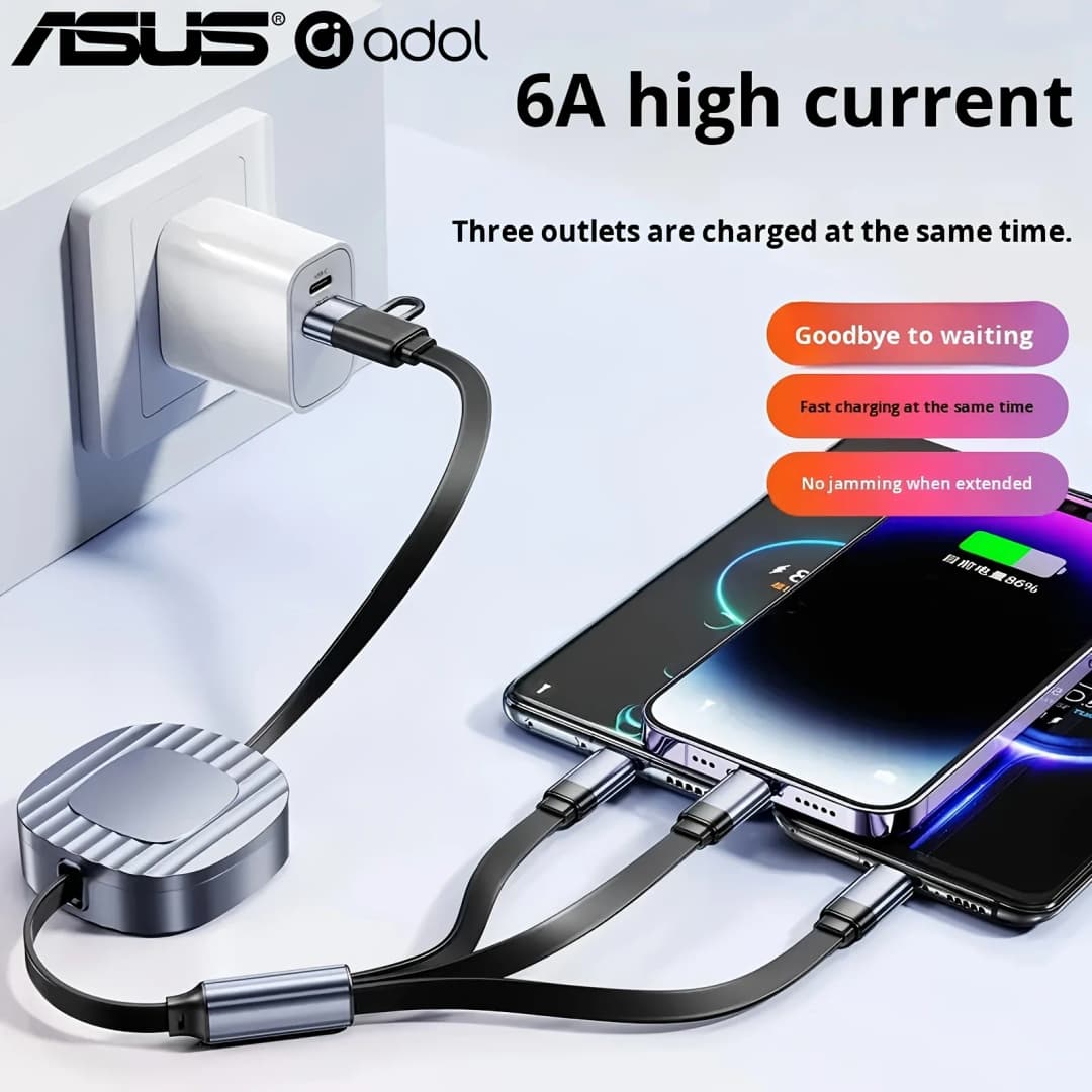 كابل ASUS قابل للسحب من نوع USB TYPE-C للشحن السريع ونقل البيانات لهواتف iPhone وSamsung وXiaomi مع منافذ متعددة