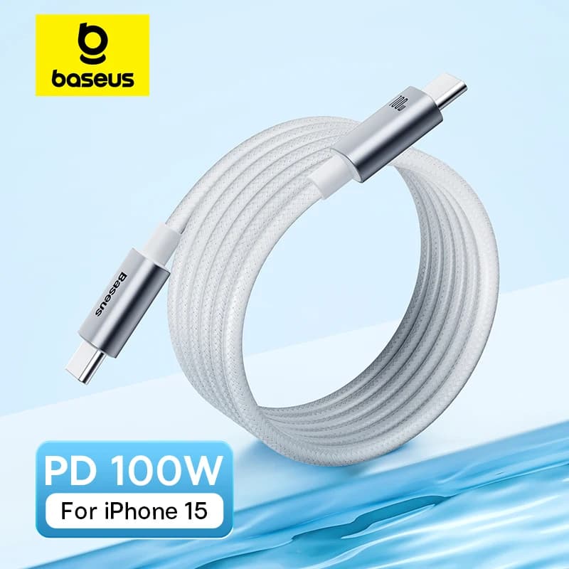 كابل Baseus USB C بقوة 100 واط لماك بوك وآيباد وكابل شحن سريع لآيفون 15 بلس برو ماكس تايب سي لاجهزة شاومي وسامسونج