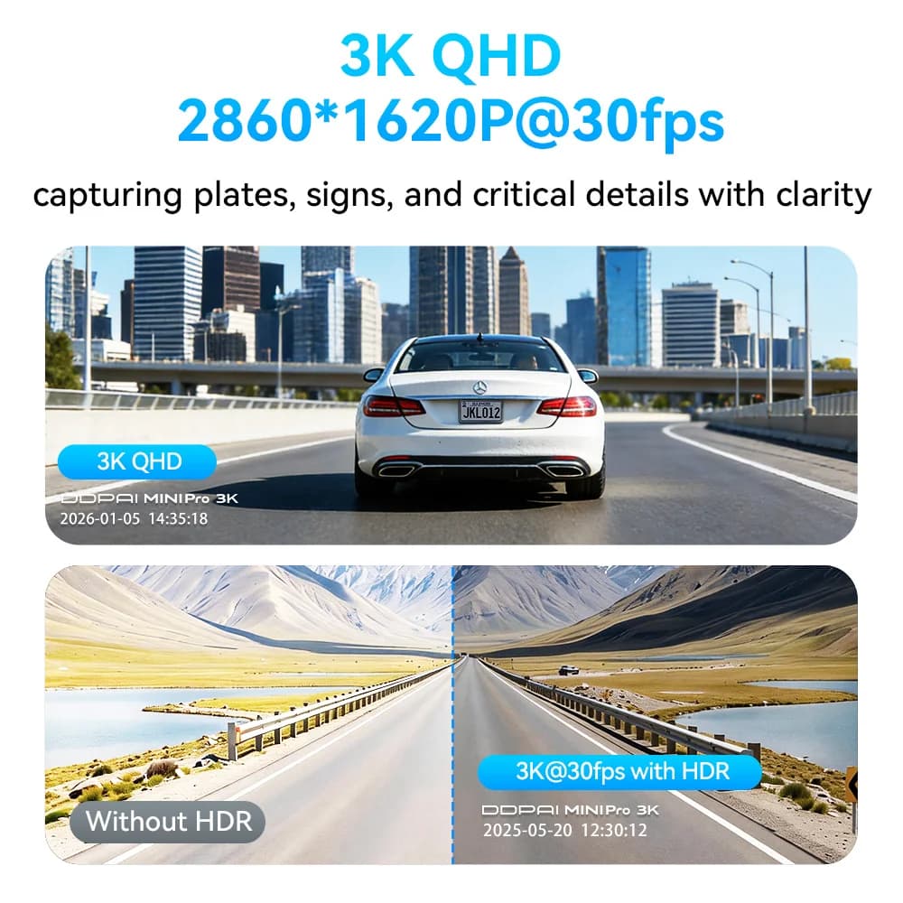 كاميرا DDPAI MINI Pro 3K HDR جديدة بدقة 1620P، مسجل فيديو للسيارة مع واي فاي ورؤية ليلية WDR وتحكم صوتي ومراقبة وقوف السيارات 24 ساعة وزاوية رؤية 143 درجة - 3