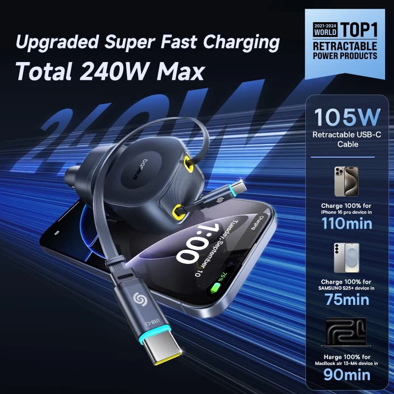 شاحن سيارة Baseus بقوة 240W مع 4 منافذ وكابل قابل للسحب وشحن سريع USB Type-C لجهاز Samsung و iPhone و Xiaomi - 2