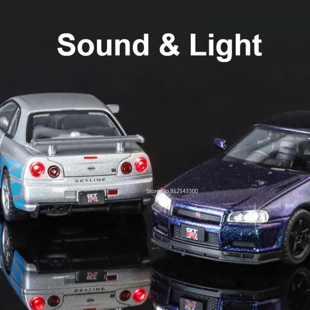 نموذج سيارة SKYLINE GTR R34 مقياس 1:32، معدن مصبوب مع موسيقى وإضاءة وأبواب قابلة للفتح - 4