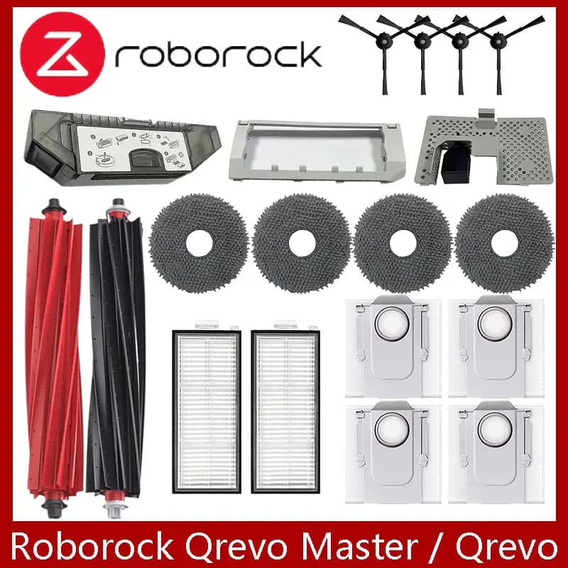 قطع غيار وإكسسوارات مكنسة روبوروك Qrevo Master / Qrevo Slim تشمل فرشاة جانبية رئيسية وفلتر هيبا وقماش مسح وكيس غبار