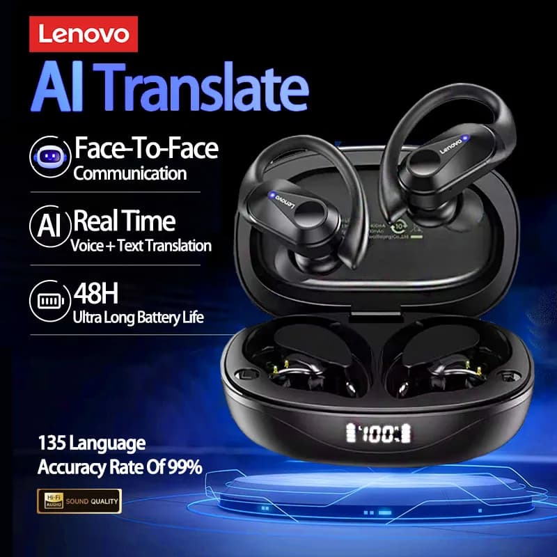 سماعات أذن لينوفو LP75 مع ترجمة لغات، مكالمات HD، إلغاء الضوضاء، سماعات رأس للتعلم والسفر، ترجمة في الوقت الفعلي