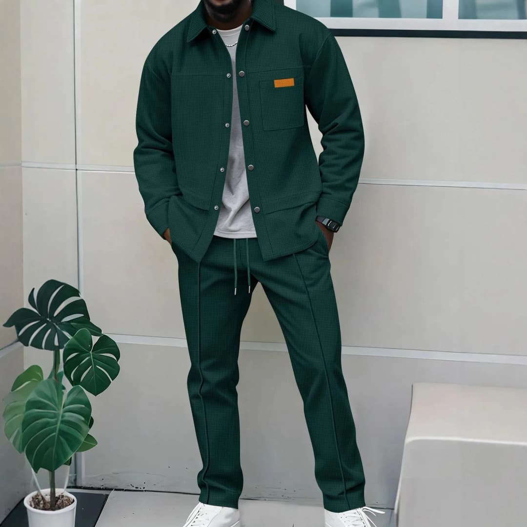 2026 Men's New Style Waffle Plain Color Collar Button-Down Pockets Long-Sleeved Pants Casual Jacket Set - 5
