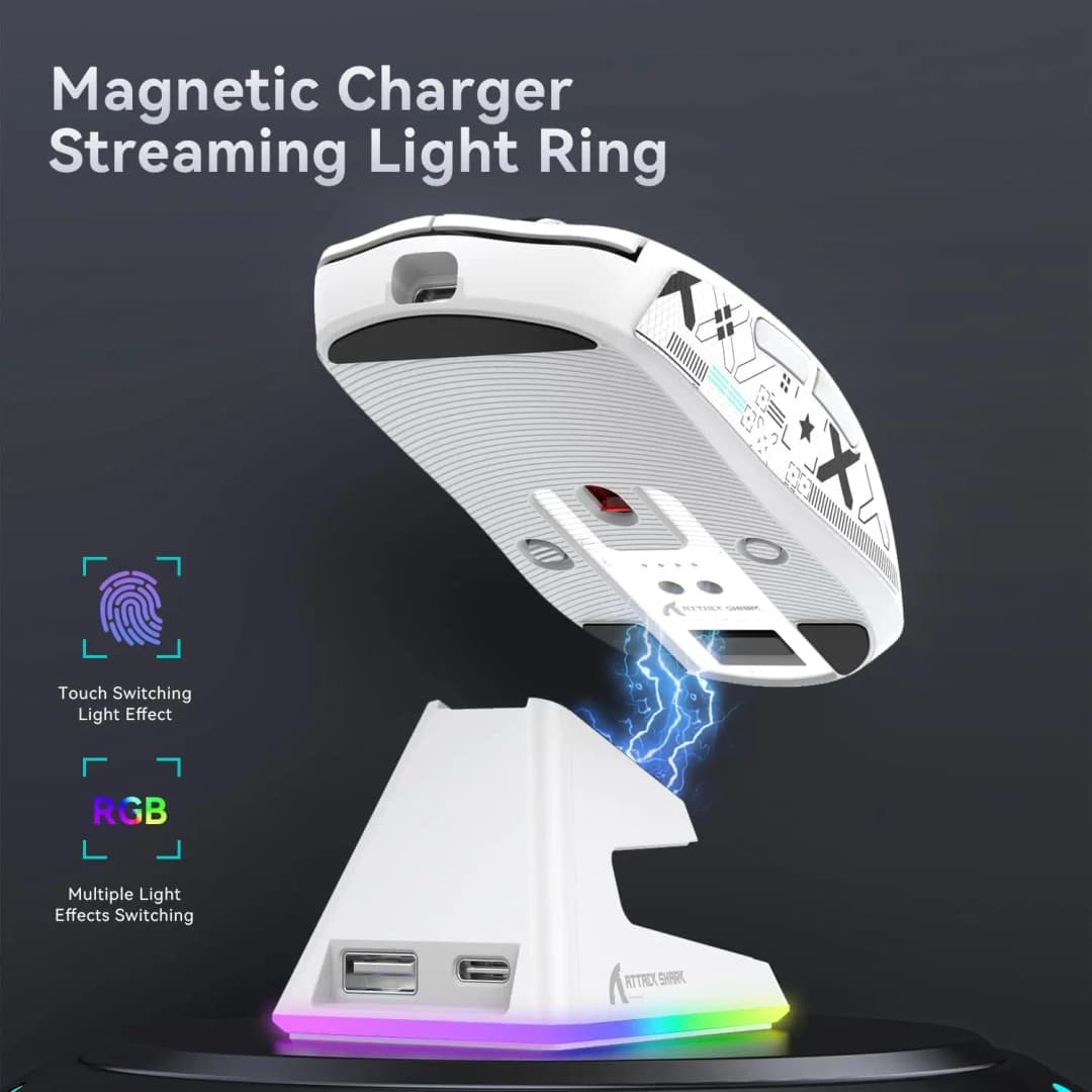 ماوس ألعاب لاسلكي أصلي ATTACK SHARK X6 خفيف الوزن مع قاعدة شحن بإضاءة خلفية RGB، ثلاثي الوضع سلكي/2.4GHz/BT5.2، متوافق مع PC/Mac - 4