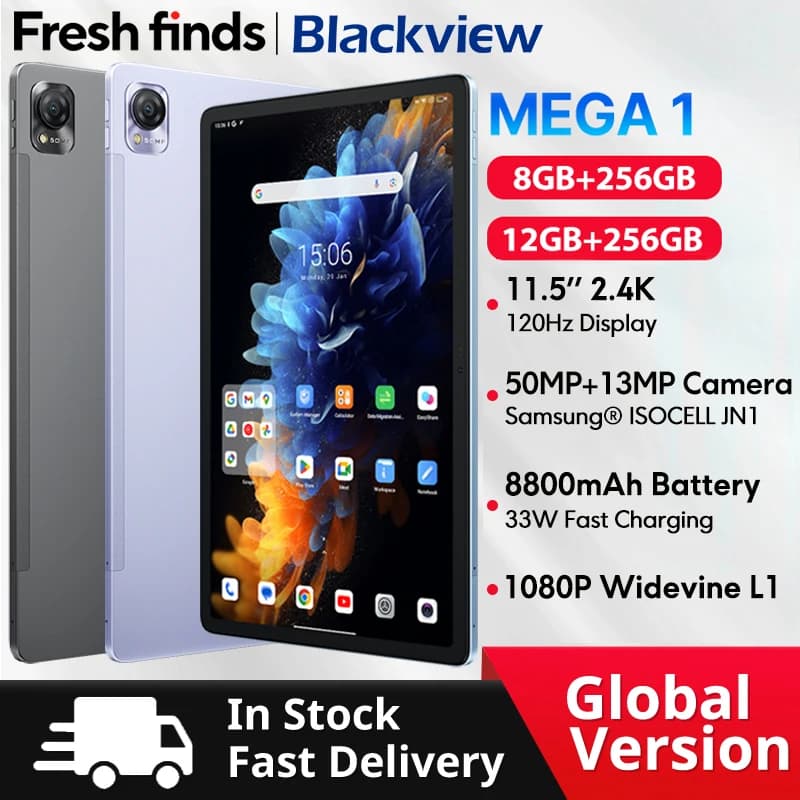 أجهزة لوحية Blackview MEGA 1 مقاس 11.5 بوصة بشاشة 2.4K بمعدل تحديث 120 هرتز وكاميرا 50 ميجابكسل وذاكرة 12 جيجابايت وسعة تخزين 256 جيجابايت وبطارية 8800 مللي أمبير وشحن 33 واط ودعم Widevine L1 ونظام أندرويد