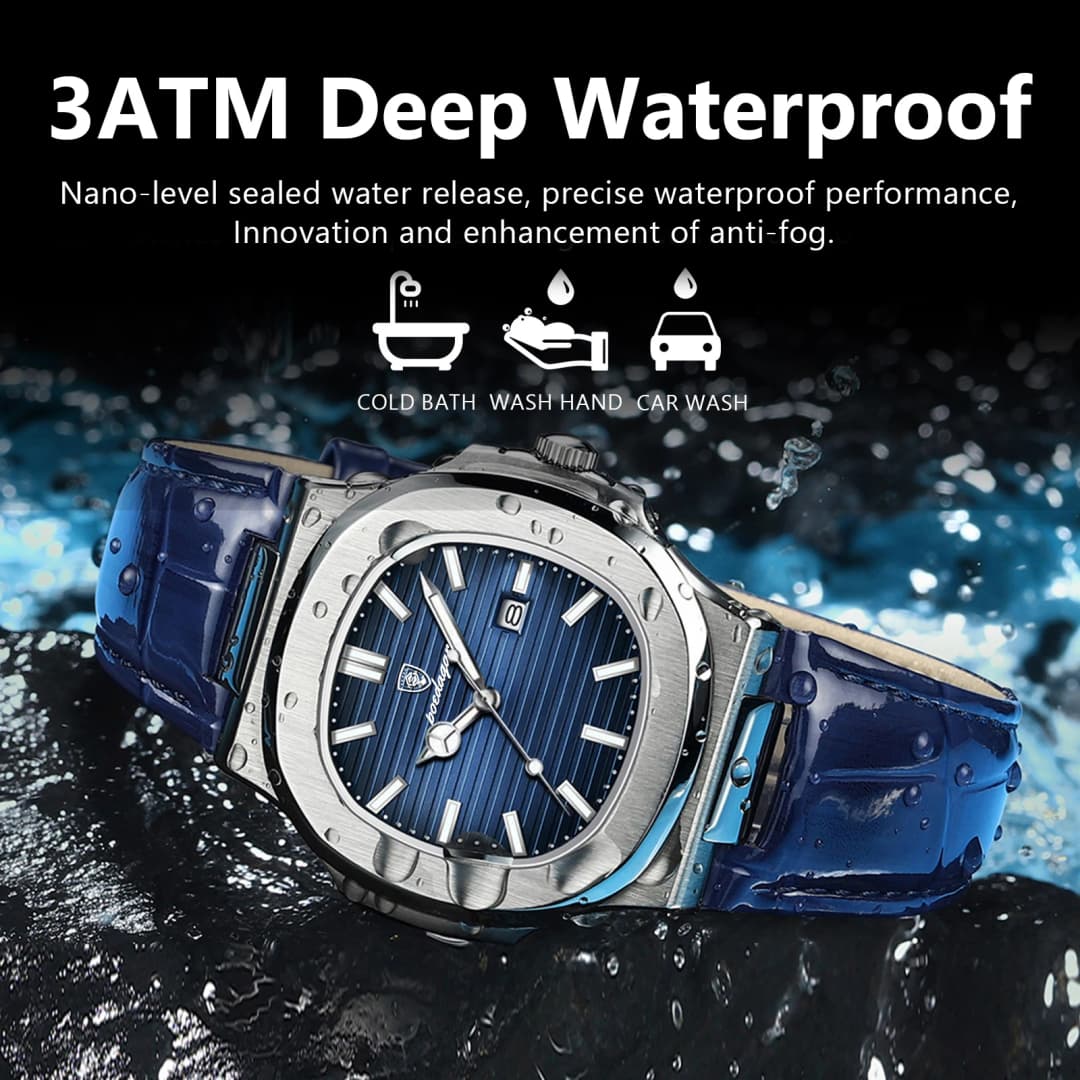 ساعة يد رجالي مربعة من POEDAGAR مقاومة للماء مضيئة فاخرة ساعات كوارتز جلدية عالية الجودة للرجال + علبة - 4