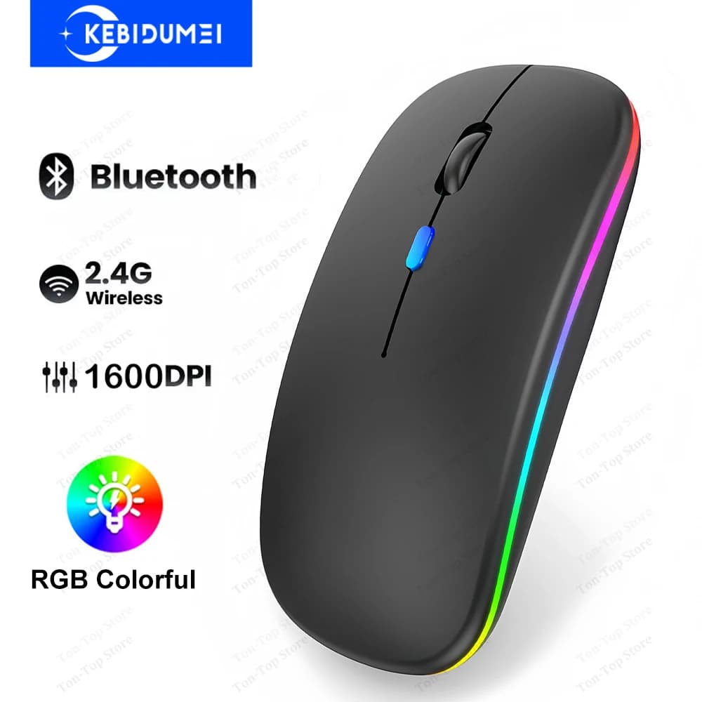 ماوس لاسلكي ثنائي الوضع 2.4G وماوس بلوتوث، ماوس ألعاب بإضاءة RGB خلفية، ماوس مريح قابل لإعادة الشحن لأجهزة الكمبيوتر المحمول والكمبيوتر اللوحي