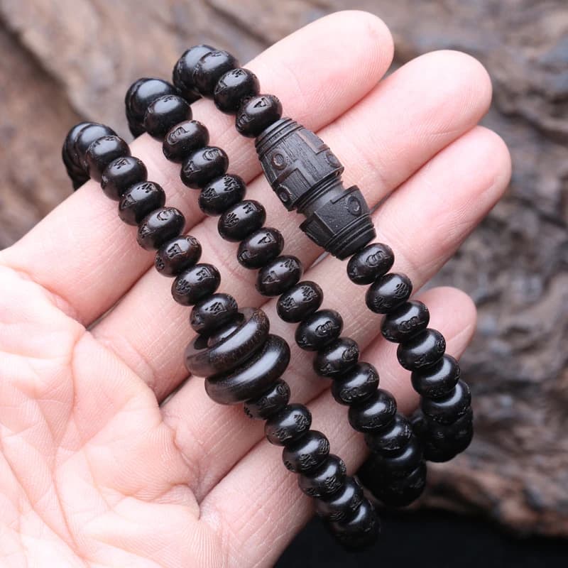 الطبيعية الأبنوس البوذية التبتية Sutra الجولة ستة أحرف الحقيقة الكلمات 6 مللي متر x 8 مللي متر 108 الخرز مالا قلادة التأمل الوردية - 3