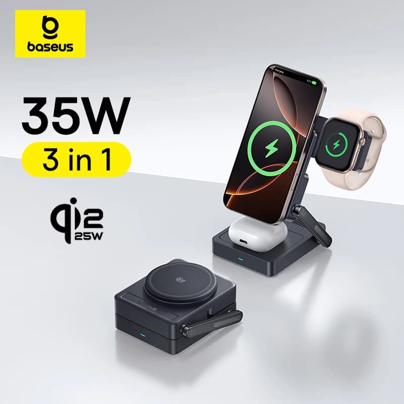 Baseus 3 في 1 شاحن لاسلكي مغناطيسي Qi2.2 شحن سريع 25 واط لهاتف iPhone 17 16 15 14 وساعة Apple وسماعات AirPods Pro وiWatch