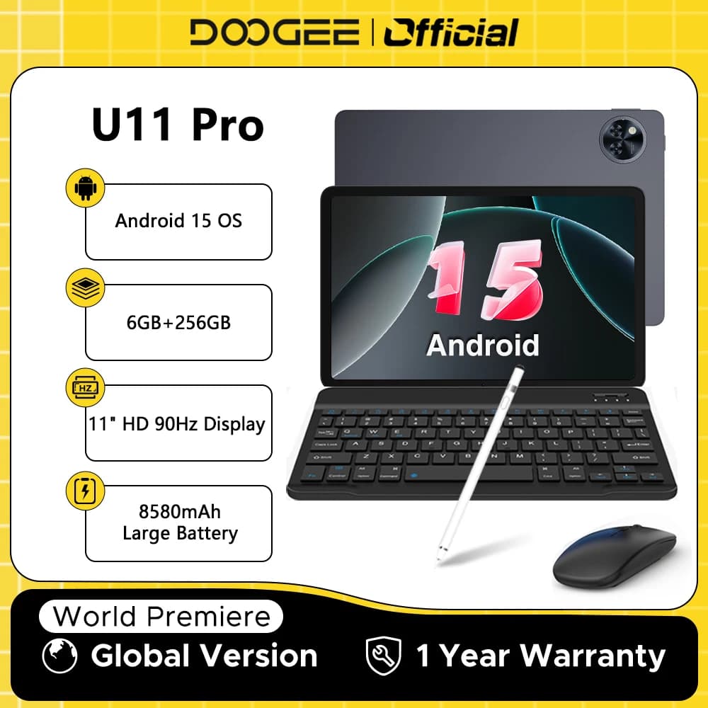 جهاز لوحي DOOGEE U11 Pro بنظام أندرويد 15، سعة 30 جيجابايت (6+24)، 256 جيجابايت، شاشة 11 بوصة بدقة HD ومعدل تحديث 90 هرتز، بطارية 8580 مللي أمبير، معالج Unisoc T7200 ثماني النواة، Widevine L1