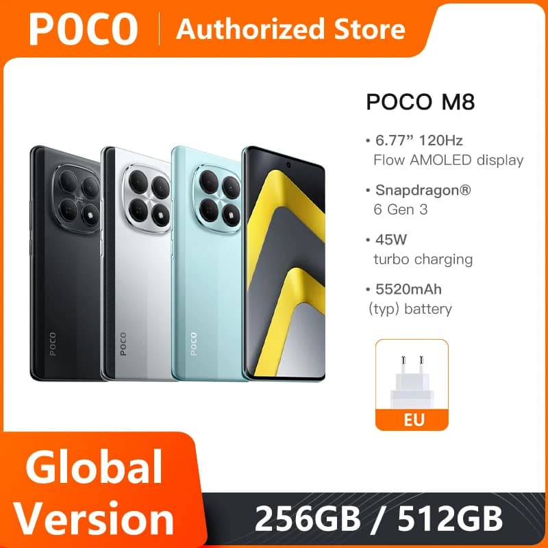 هاتف ذكي POCO M8 5G إصدار عالمي، معالج سناب دراجون 6 الجيل الثالث، شاشة فلو أموليد 6.77 بوصة، بطارية 5520 مللي أمبير، شحن 45 واط، NFC