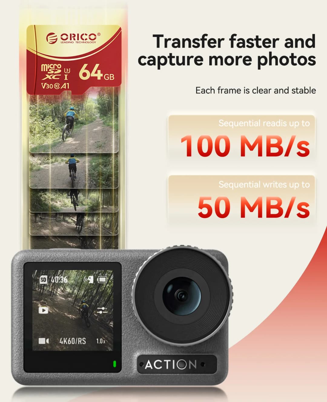 ORICO 64GB microSDXC UHS-I Memory Card, 180MB/s, 4K UHD Recoding, U3, Class10, V30, A1, Micro SD for Action Camera, Dash Cam - 4