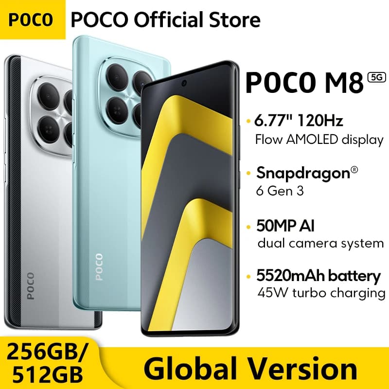 هاتف ذكي POCO M8 5G إصدار عالمي 256GB 512GB معالج Snapdragon® 6 Gen 3 NFC شاشة 6.77 بوصة 120Hz كاميرا رئيسية 50MP شحن 45W