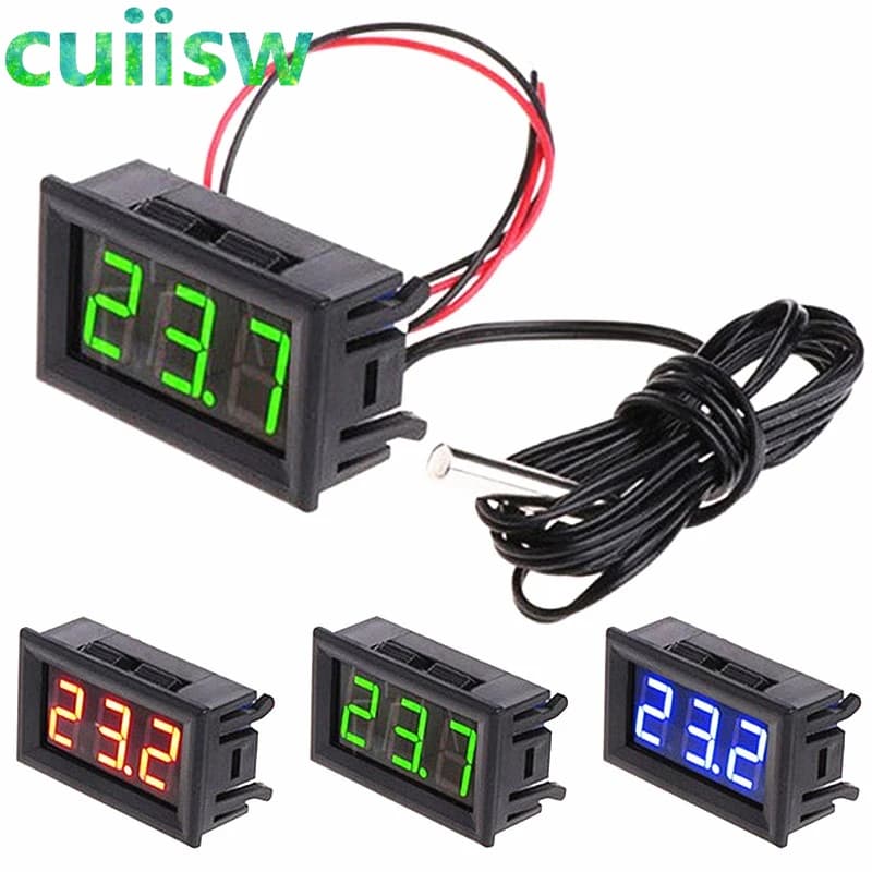 مقياس درجة حرارة رقمي صغير LED للسيارة يعمل على 12V مع نطاق قياس -50 إلى 110 درجة مئوية ومسبار حرارة
