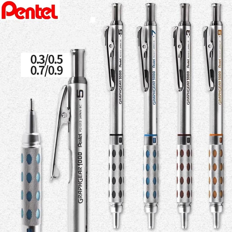 قلم رصاص ميكانيكي معدني من Pentel Graphgear 1000، مقاسات 0.3/0.5/0.7/0.9 مم، مركز جاذبية منخفض، أقلام رسم، أدوات فنية