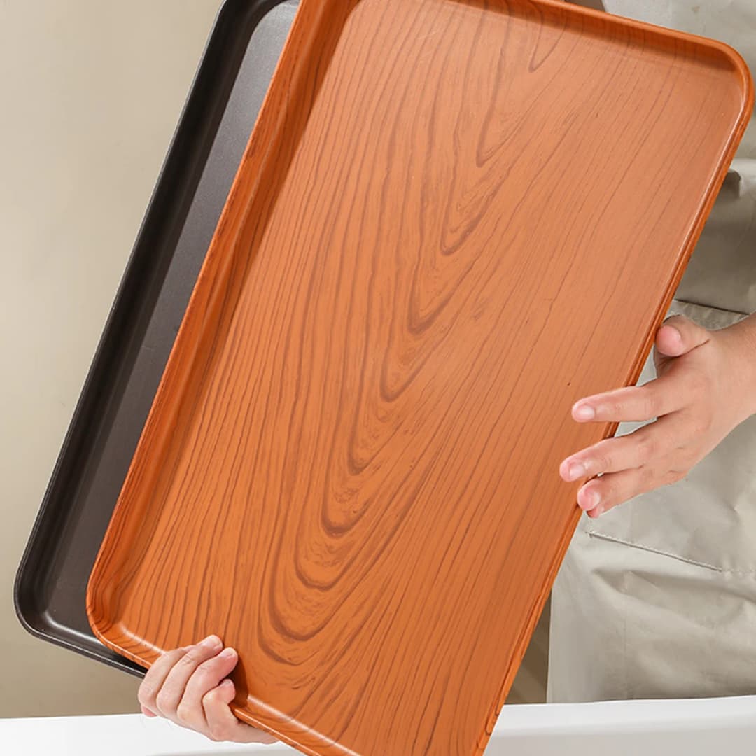 Wood Grain Plastic Food Serving Tray Stackable Dessert Fruit Tray Tea Tray Large Capacity Storage Tray Kitchen Stoage Organizer - 5