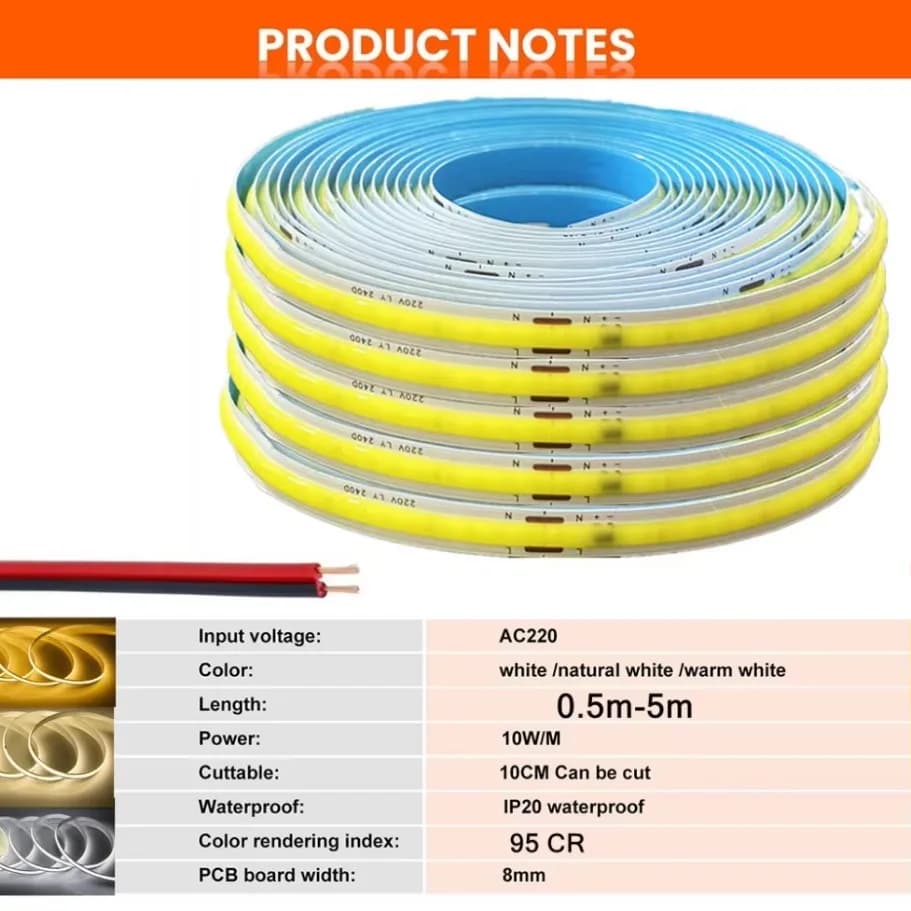 أضواء شريطية مرنة 1-5 متر، 220V، أضواء LED COB مع IC ذكي، لا تحتاج إلى محول، إضاءة خطية عالية السطوع 240 LED، إضاءة بيضاء دافئة RA95 - 6