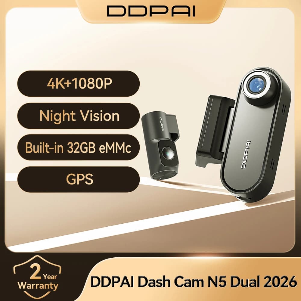 كاميرا سيارة DDPAI N5 مزدوجة بدقة 4K HDR مع رؤية ليلية بالذكاء الاصطناعي، واي فاي 6، GPS، ADAS، تحكم صوتي، وضع ركن 24 ساعة، ذاكرة 32 جيجا eMMC
