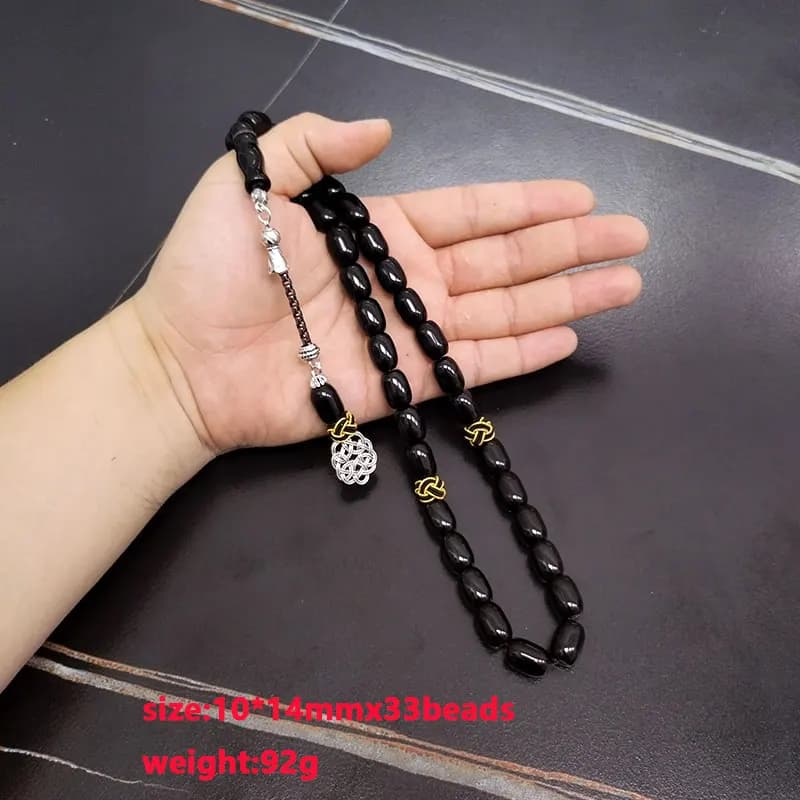 مسبحة من حجر العقيق الأسود الطبيعي، شكل برميل، سوار يدوي الصنع، مسبحة ترابيزون، هدية عيد الأضحى، حبات صلاة بتصميم تركي - 3