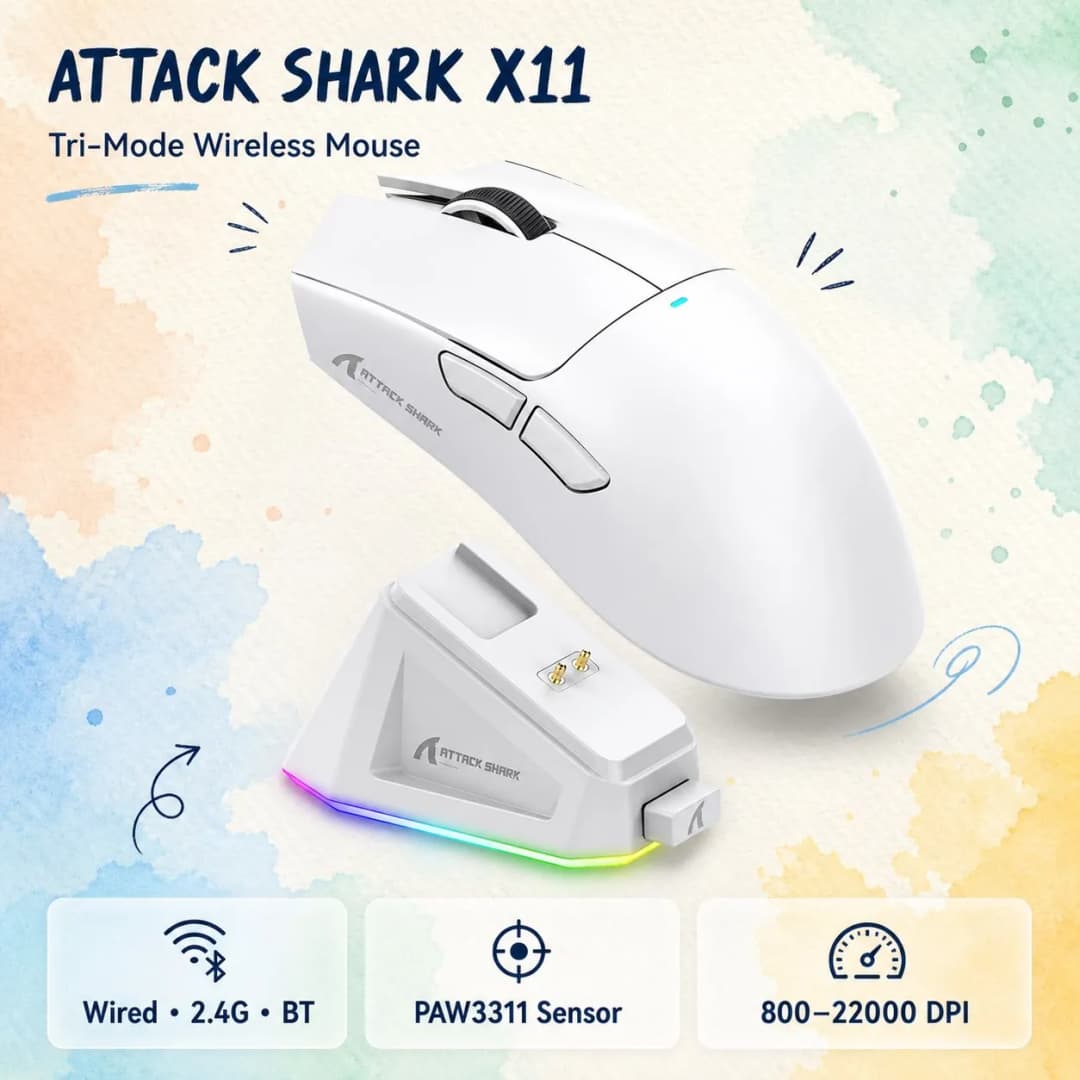 ماوس ألعاب خفيف الوزن ATTACK SHARK X11، وضع ثلاثي، PAW3311، 22000DPI، 400IPS، 40G، معدل عودة 1K، شحن سريع مغناطيسي