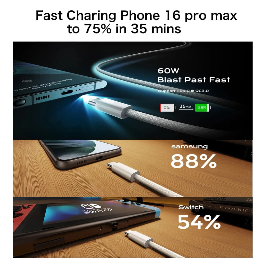 كابل USB-C أصلي لهواتف آيفون 17 16 15 برو ماكس PD شحن سريع 60 واط لهواتف هواوي شاومي سامسونج جوجل سلك مضفر Type C - 3