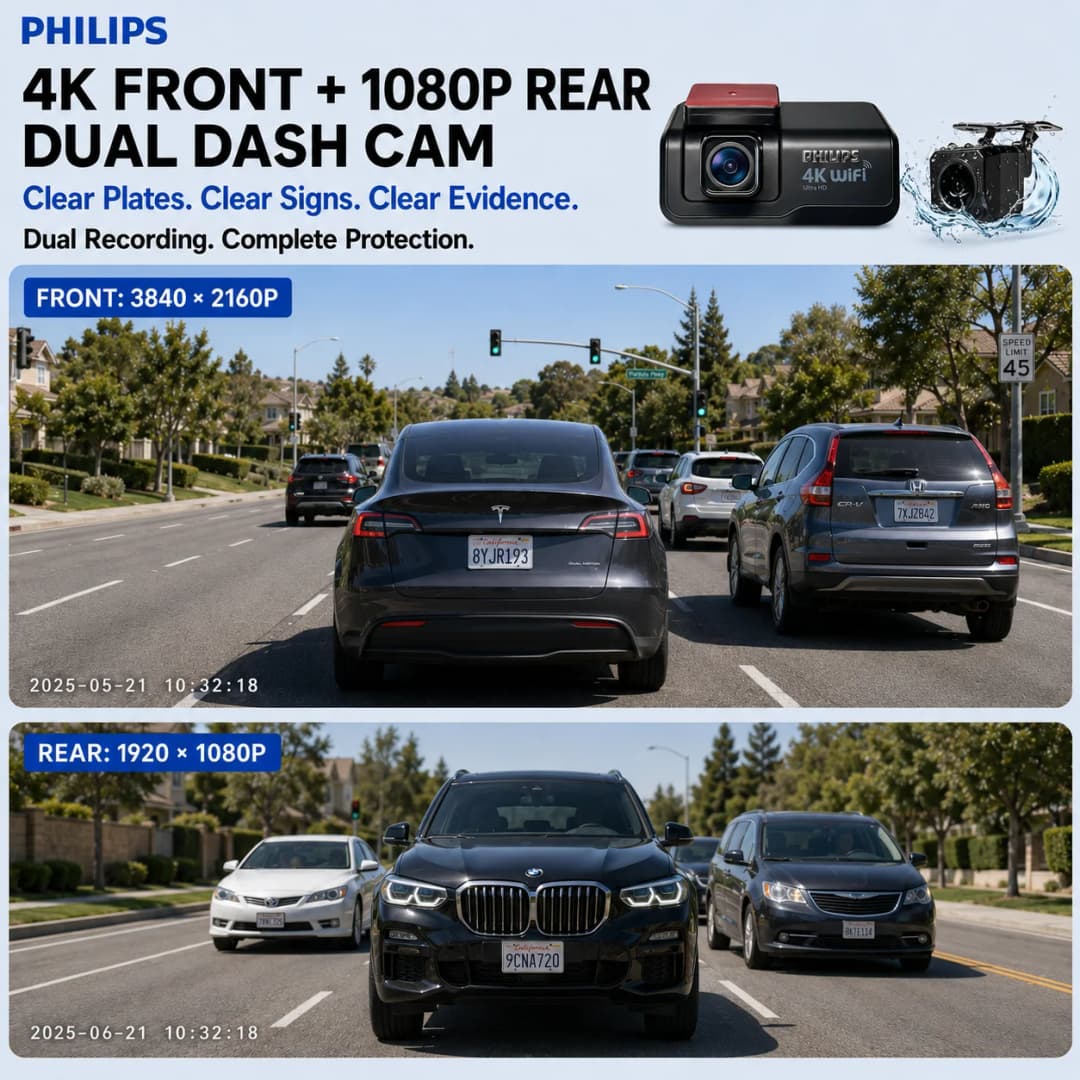 PHILIPS Dash Cam B06 4K+1K HDR Front Rear Waterproof Camera 3.15 IPS 2.4G 5.8G WiFi APP GPS Support 24H Parking Monitor Car DVR - 2