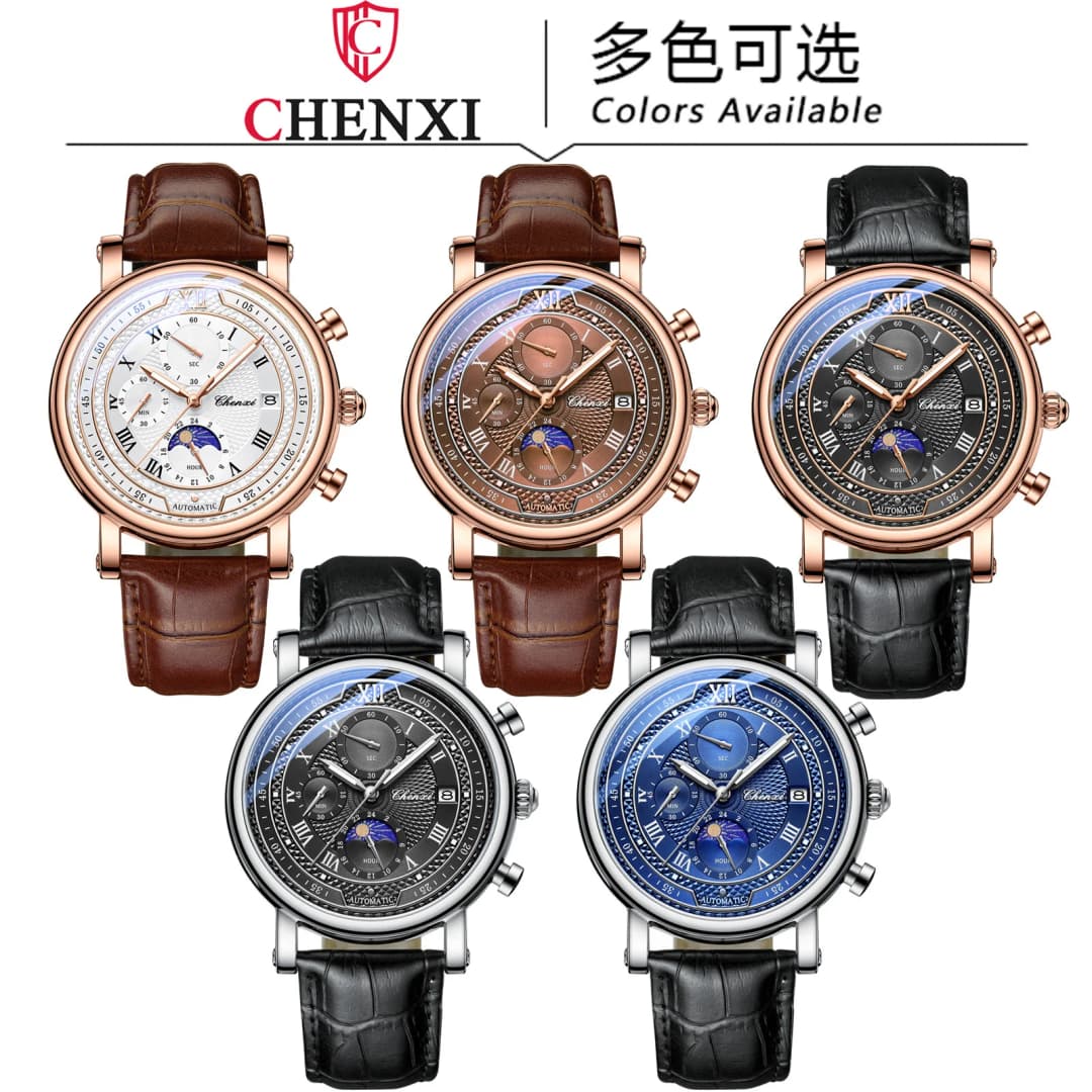 ساعة Chenxi 976 رجالية جلدية كرونوغراف مع تاريخ ومرحلة القمر، ساعة كوارتز مضيئة للأعمال - 5