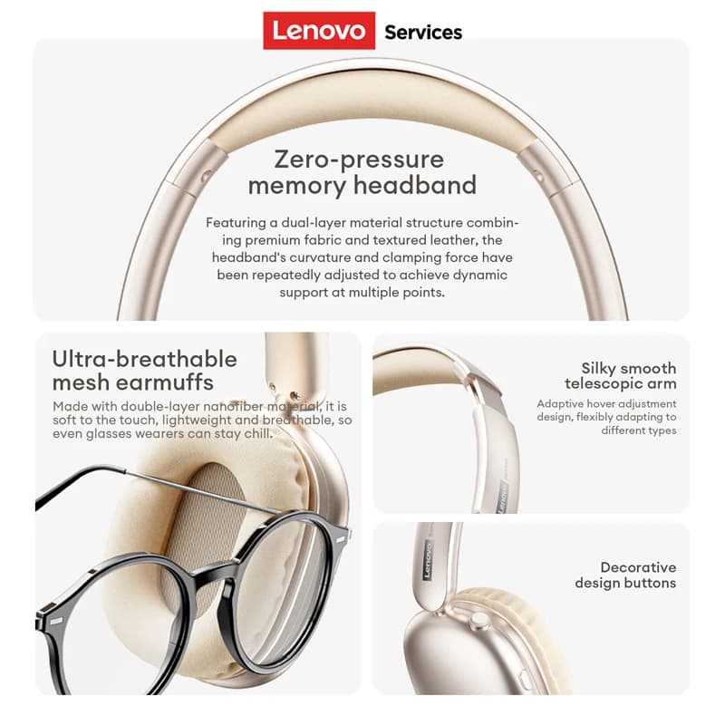 سماعات رأس لاسلكية Lenovo LES-107 بلوتوث 5.0 مع صوت محيطي، قابلة للطي، ألعاب، باس HIFI، بطارية تدوم 26 ساعة - 5