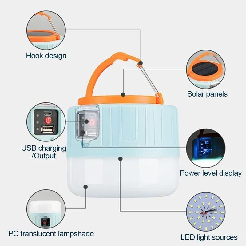 مصباح تخييم LED بالطاقة الشمسية، محمول ومقاوم للماء، قابل لإعادة الشحن عبر USB، مناسب للتخييم والشواء - 6