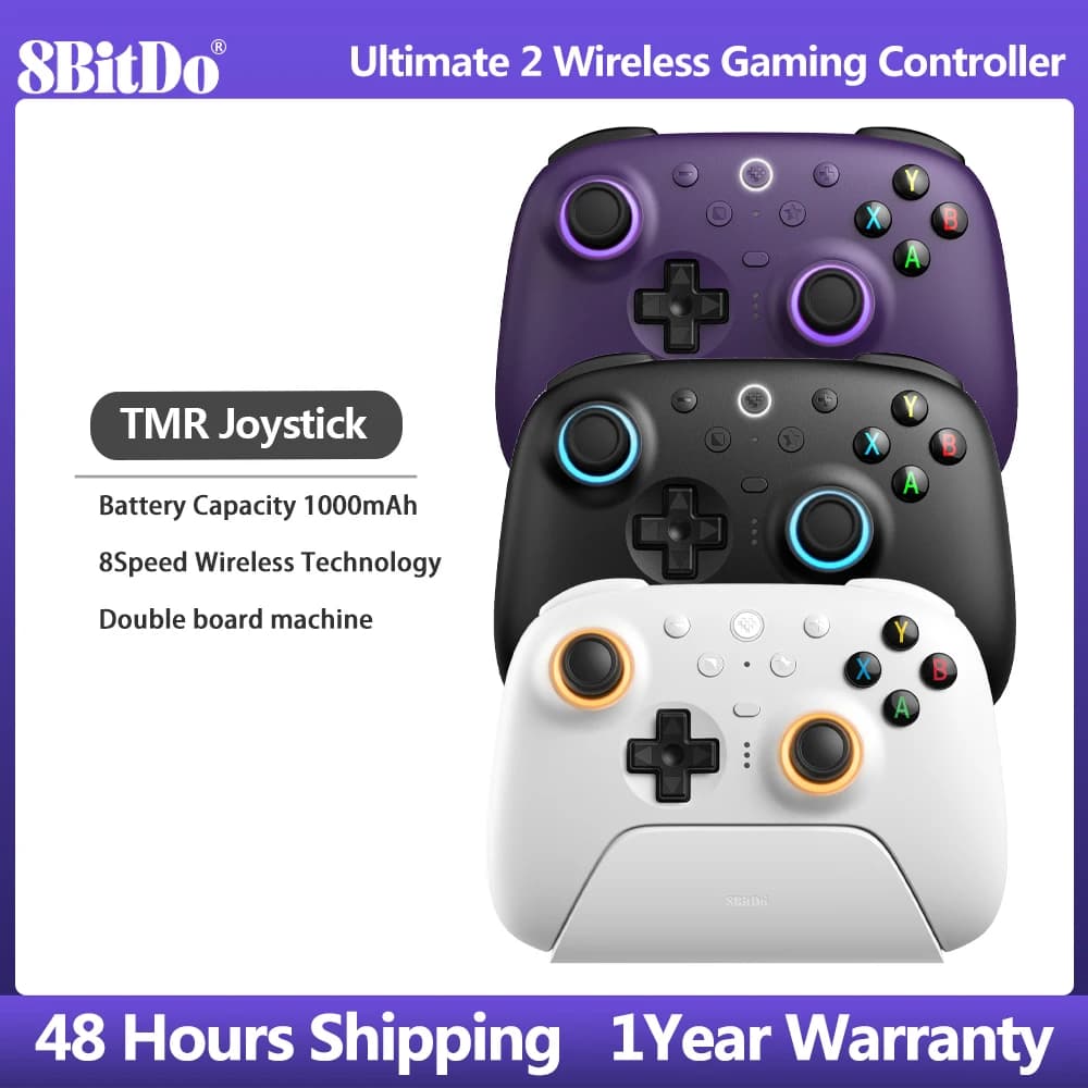 وحدة تحكم لاسلكية 8BitDo Ultimate 2، ذراع تحكم بلوتوث/USB/2.4G مع قاعدة شحن عصا تحكم TMR لأجهزة الكمبيوتر بنظام ويندوز، وأبل، وستيم &