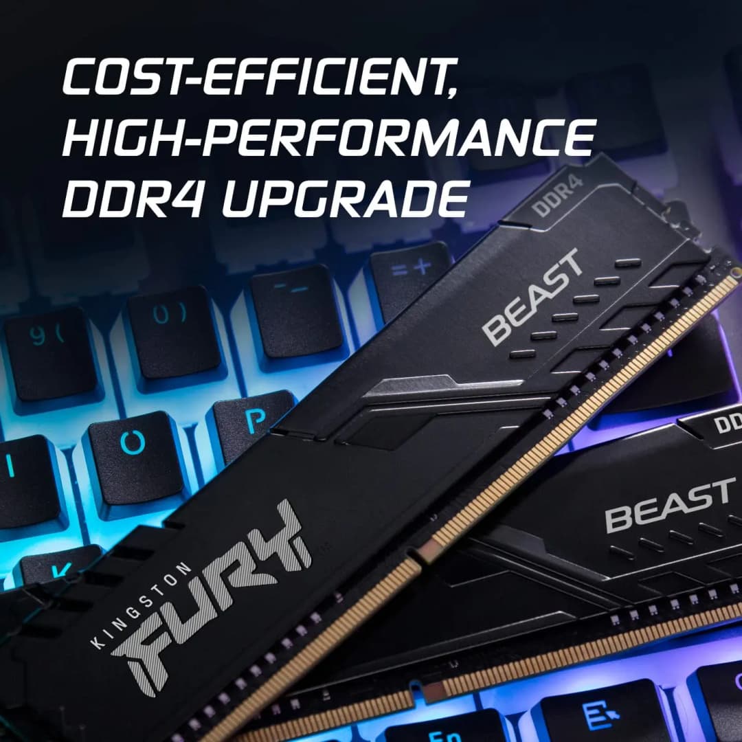وحدة ذاكرة Kingston FURY Beast DDR4 بسعة 8 جيجابايت و16 جيجابايت و32 جيجابايت بتردد 3200 ميجاهرتز و3600 ميجاهرتز XMP2.0 للكمبيوتر المكتبي متوافقة مع معالجات AMD وIntel ولوحات الأم بمنفذ 288PIN - 3