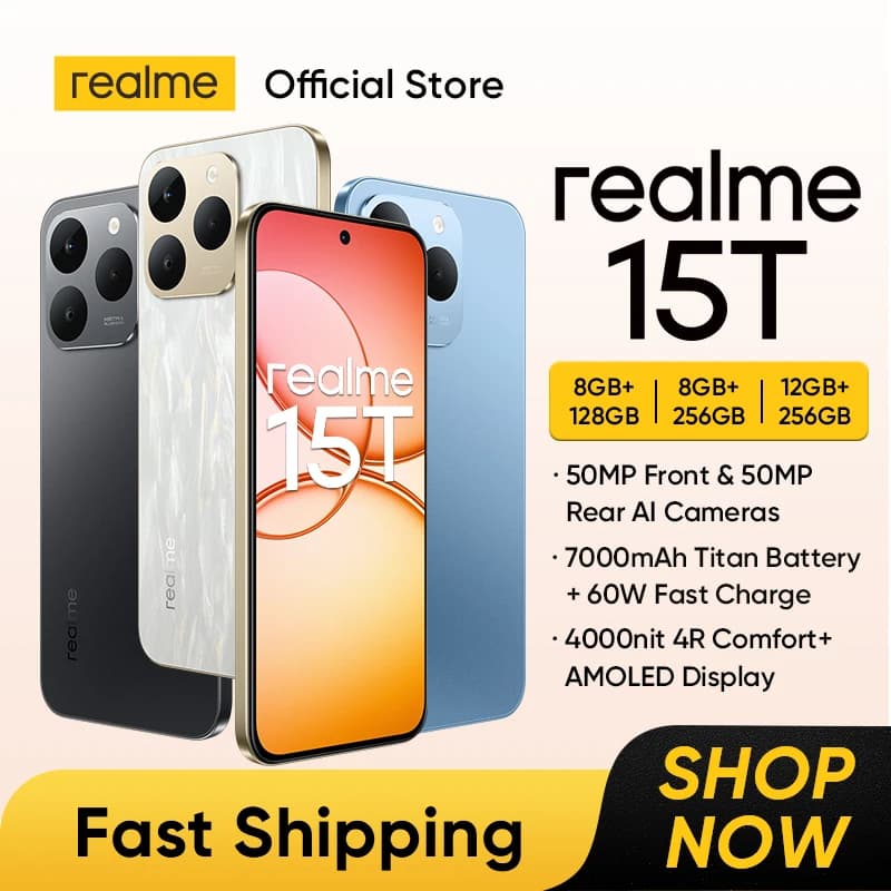 هاتف realme 15T 5G ذكي NFC معالج Dimensity 6400 Max كاميرتان 50MP AI شاشة 6.57 بوصة 120Hz AMOLED بطارية 7000mAh شحن 60W