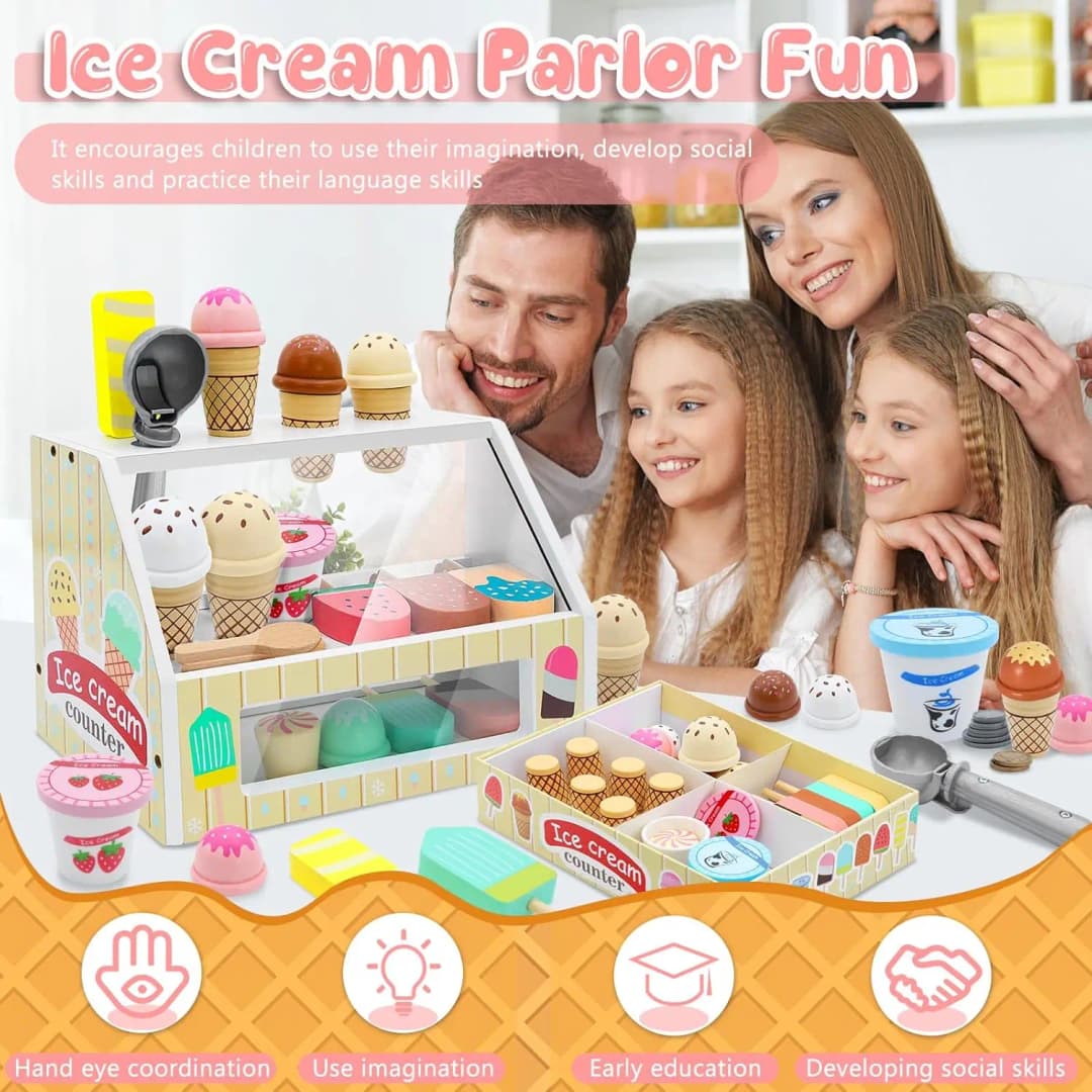 Ice Cream Counter Playset For Kids Montessori Pretend Play Food Toys Kitchen Accessories With Coin Role Play For Kids Girls Boys - 2