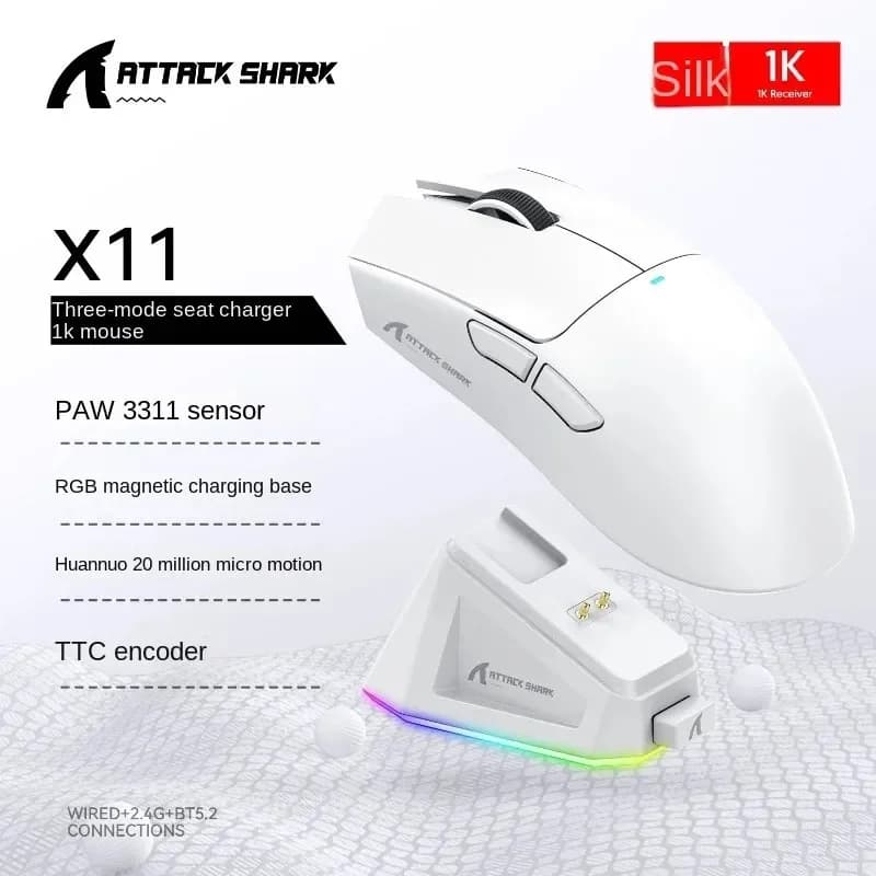 ماوس بلوتوث Attack Shark X11 PAW3311 أسود، اتصال ثلاثي الوضع، قاعدة شحن مغناطيسية باللمس، ماوس ألعاب فائق الخفة - 2