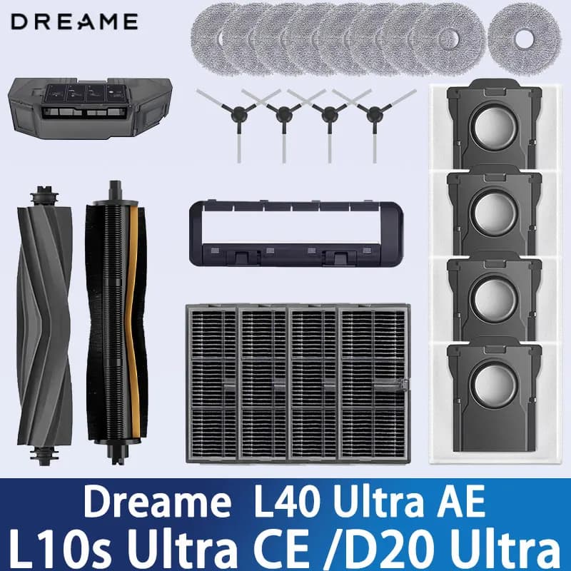 إكسسوارات مكنسة كهربائية Dreame L40 Ultra AE / L10s Ultra CE/D20 Ultra، فرشاة رئيسية، فرشاة حواف، قماش، كيس غبار، شاشة فلتر