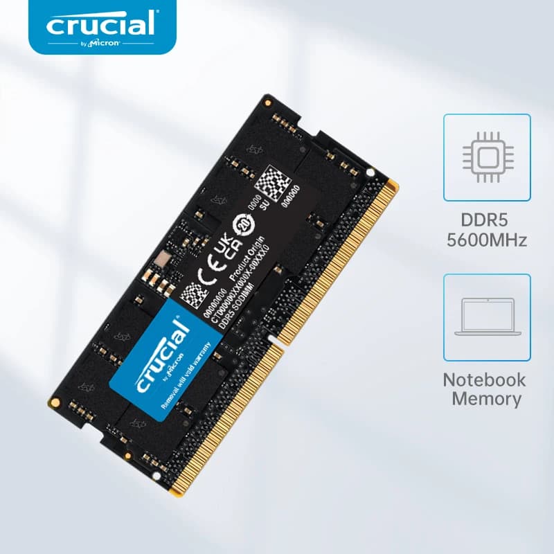 ذاكرة رام Crucial DDR5 بسعة 16 جيجابايت و32 جيجابايت و48 جيجابايت بسرعة 5600 ميجاهرتز (أو 5200 ميجاهرتز أو 4800 ميجاهرتز) لذاكرة الكمبيوتر المحمول مع 262 دبوس SODIMM متوافقة مع Intel وAMD
