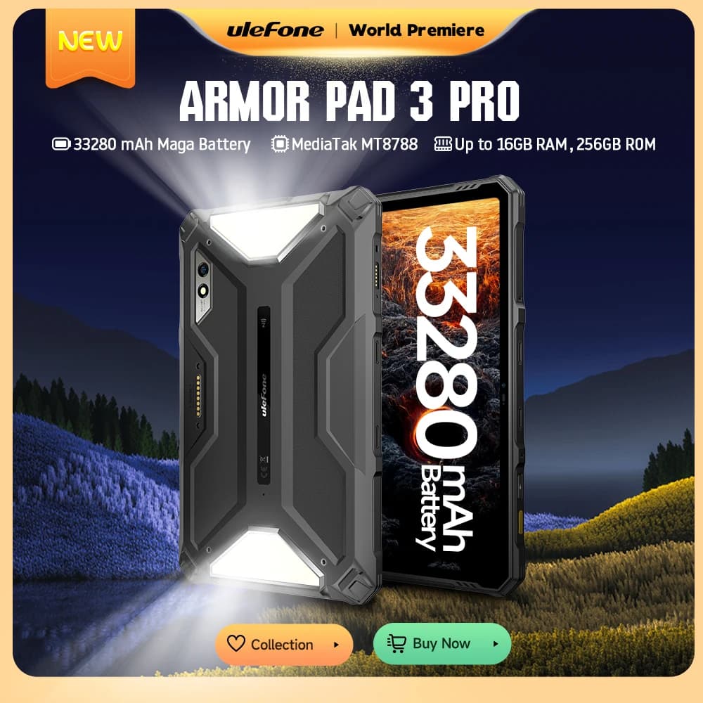 【عرض عالمي】 جهاز Ulefone Armor Pad 3 Pro اللوحي المتين ببطارية 33280 مللي أمبير ومعالج MediaTek MT8788 وذاكرة 16 جيجابايت (8+8) وسعة تخزين 256 جيجابايت وكاميرا 50 ميجابكسل وشاشة 10.36 بوصة 2K بنظام أندرويد