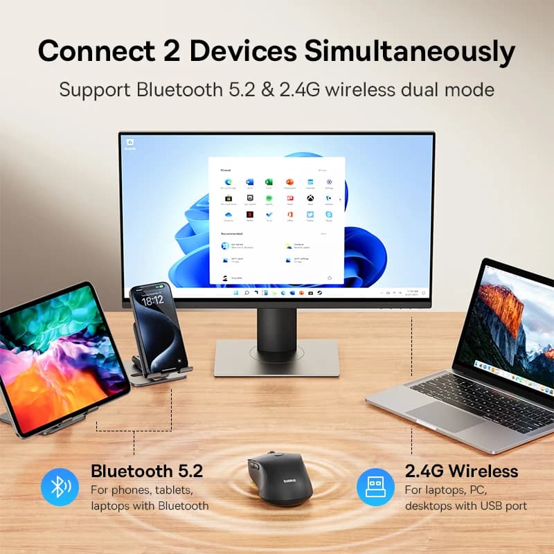 Baseus F02 Wireless Mouse Bluetooth 5.2 2.4G 4000DPI Ergonomic 7 Mute Buttons Mice for iPad MacBook Tablet Laptop Computer Mouse - 2