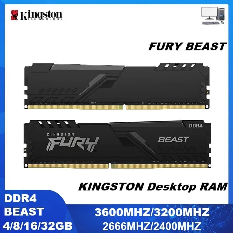 ذاكرة رام Kingston Fury Beast DDR4 بسعة 8 جيجابايت و16 جيجابايت و32 جيجابايت بسرعة 3600 و3200 ميجاهرتز و288 دبوس XMP2.0 مع مبرد للوحة الأم AMD أو INTEL