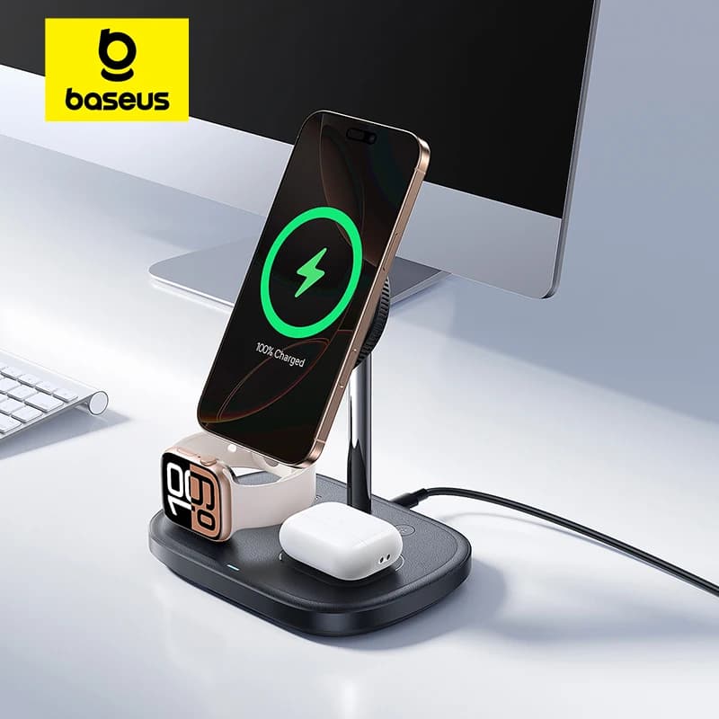 حامل شاحن لاسلكي من Baseus بقوة 22.5 واط 3 في 1، شحن سريع مغناطيسي Qi2 15 واط مع تبريد TEC لهواتف آيفون 16 و15 و14 وAirPods وساعة أبل