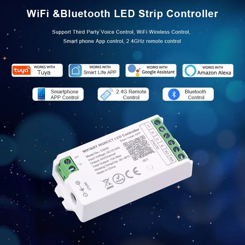 تحكم ليد واي فاي من تيا لأليكسا وجوجل هوم تحكم صوتي RGB RGBW CCT شريط ليد ذكي تحكم بالتطبيق BT RF عن بعد 2.4G DC12V-24V - 6