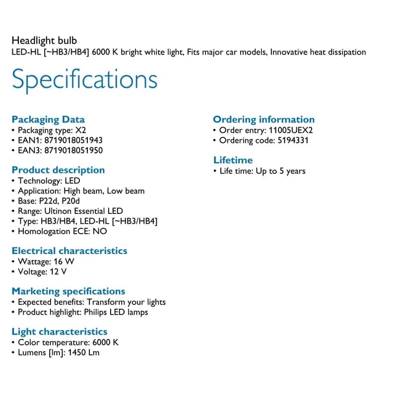 Philips Ultinon Essential LED Light HB3 HB4 6000K 12V LED +100% Bright 9005 Auto Headlight HL Beam ThermalCool 11005UEX2,1Pair - 6